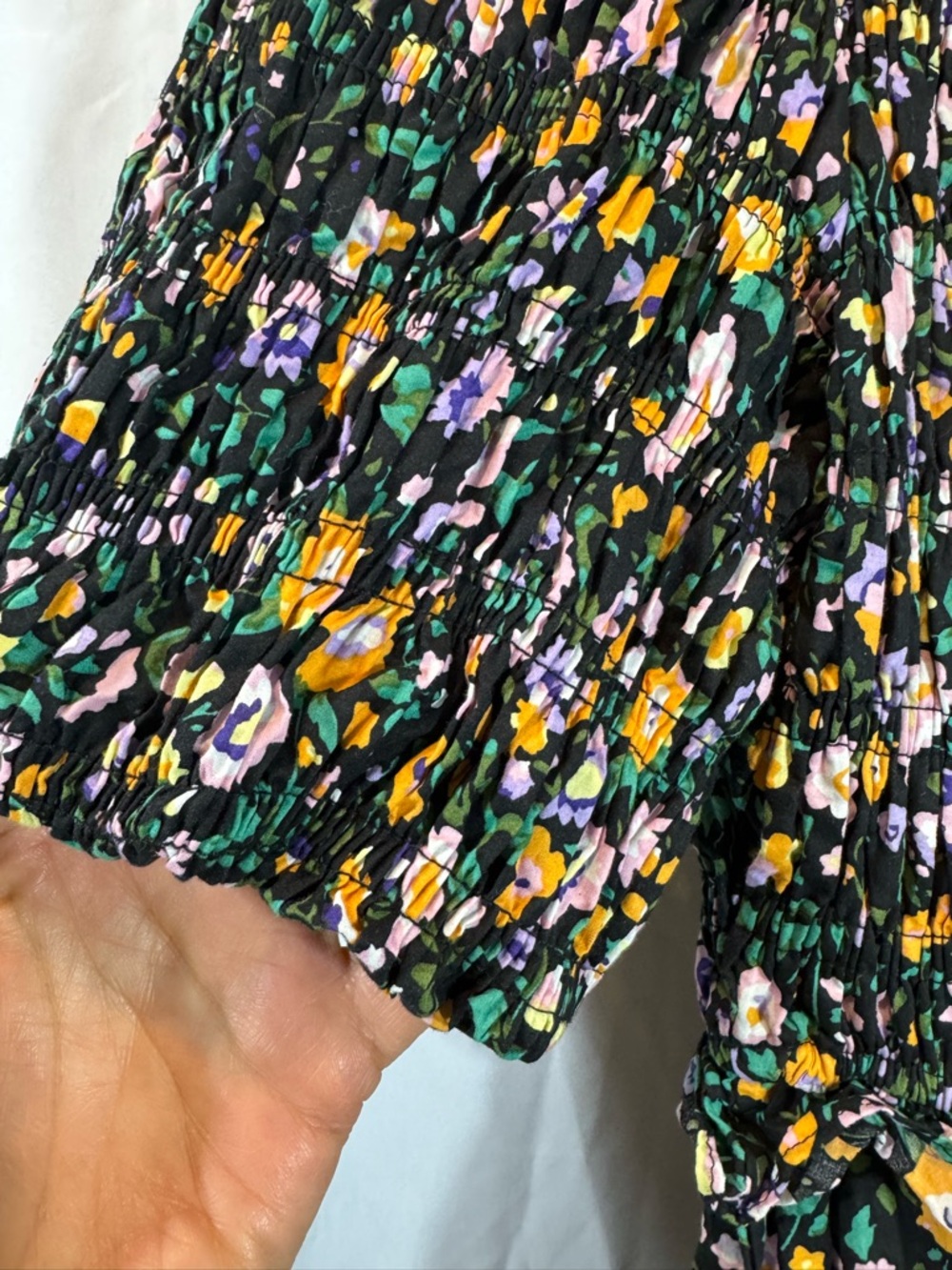 Hyacinth House Smocked Floral Midi Dress in Black with Yellow‎ & Pink Blooms M - Picture 5 of 11